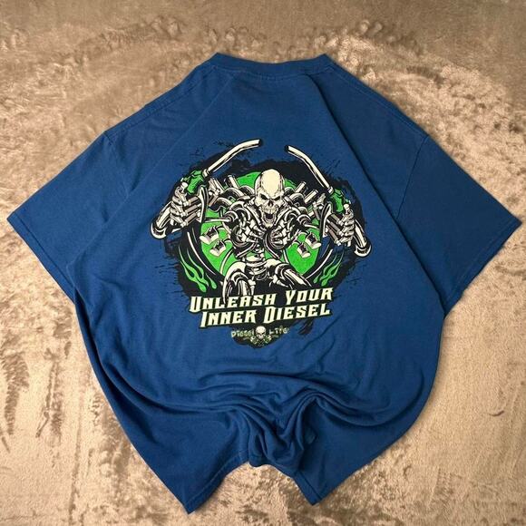 A Diesel Life “Unleash Your Inner Diesel” Blue Skeleton Graphic T-shirt L-XL - Picture 2 of 6